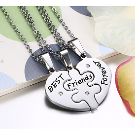 3Pcs 3 Style Titanium Steel Matching Heart Puzzle Pendant Necklaces Set, Word Best Friends Forever Necklaces