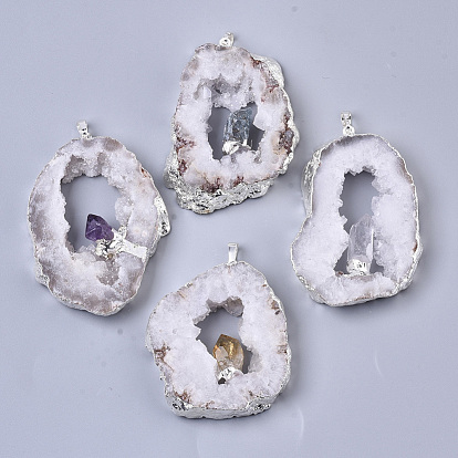 Natural Druzy Agate Big Pendants, Edge Platinum Plated, with Natural Gemstone and Iron Snap on Bails, Nuggets
