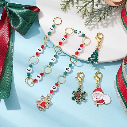 4Pcs Christmas Theme Knitting Row Counter Chains & Locking Stitch Markers Kits, with Snowflake Santa Claus Bell Alloy Enamel Pendant