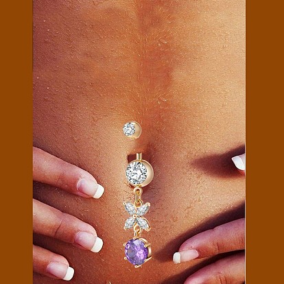 Piercing Jewelry, Brass Cubic Zirconia Navel Ring, Belly Rings, with 304 Stainless Steel Bar, Cadmium Free & Lead Free, Butterfly