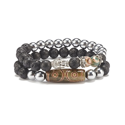 2Pcs 2 Style Mala Beads Bracelet, Mixed Gemstone Beaded Stretch Bracelets with Alloy Buddist Head and 3-Eye Dzi Agate for Women