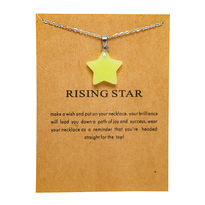Multicolor fluorescent natural stone pentagram pendant luminous stone stainless steel chain card necklace gift jewelry