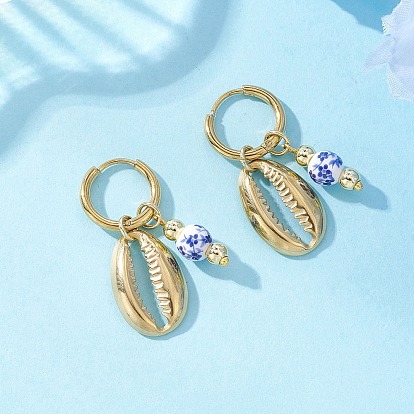 Серьги-кольца в форме ракушки из латуни, с фарфоровыми бисера