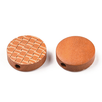 Painted Natural Wood Beads, Laser Engraved Pattern, Flat Round