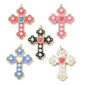 Подвески из латуни с эмалью и имитацией жемчуга из АБС-пластика., крест прелести, долговечный, без кадмия и без свинца, стойки покрытие, реальный 18 k позолоченный