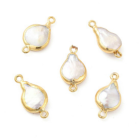 Baroque Natural Keshi Pearl Connector Charms, Teardrop Links, with Brass Double Loops