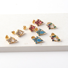 Gold-Plated Copper Geometric Flower Stud Earrings with CZ Stones