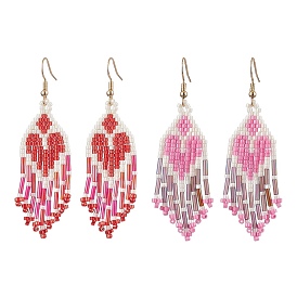 2 Pairs Heart Glass Seed Beaded Tassel Dangle Earrings for Women, Golden