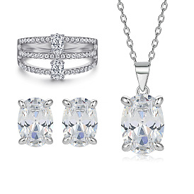 Triple-layered Diamond Ring Set with Oval Cubic Zirconia Necklace and Earrings in S925 Silver Jewelry Collection for Women