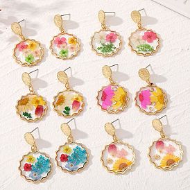 Sweet Countryside Style Natural Dried Flower Earrings with Colorful Flowers and Transparent Resin Drops for Women