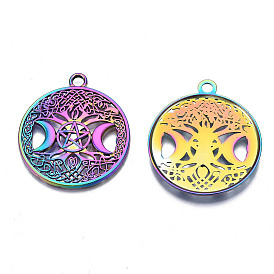 Rainbow Color Alloy Pendants, Cadmium Free & Nickel Free & Lead Free, Flat Round with Moon & Star