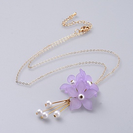Translucent Acrylic Pendant Necklaces, with Acrylic Imitated Pearl Beads, Iron Findings, Brass Cable Chains and Lobster Claw Clasps, Flower