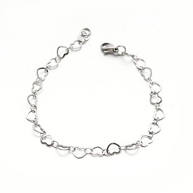 304 Stailess Steel Heart Link Bracelets, with Lobster Claw Clasps, 7-7/8 inch(200mm)
