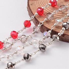 Silver Color Plated Brass Handmade Glass Beaded Chains, Unwelded, with Iron Beads, For Necklaces Bracelets Making, 39.3 inch