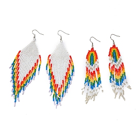 Glass Beaded Tassel Dangle Earrings, Pride Rainbow Flag Long Drop Earrings
