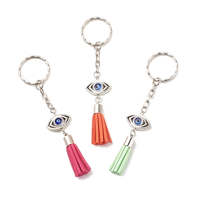 Faux Suede Tassel & Tibetan Style Alloy Pendant Keychain, with Handmade Evil Eye Lampwork and Iron Split Key Rings