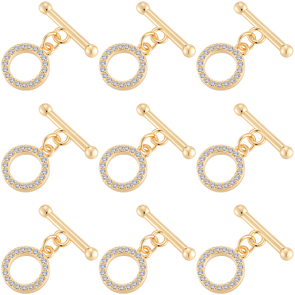 10 комплекты латунных микропаве прозрачных кубических цирконий застежки-тоггл, без никеля , кольцо