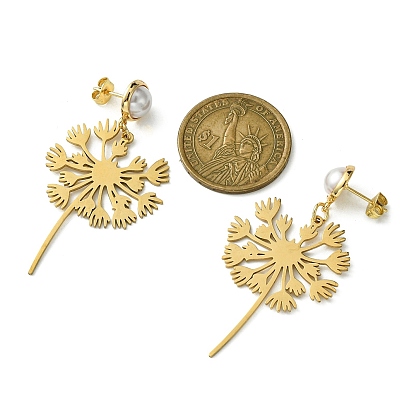 201 Stainless Steel Dandelion Dangle Stud Earrings with Brass Pins, Long Drop Earrings with ABS Plastic Imitation Pearl