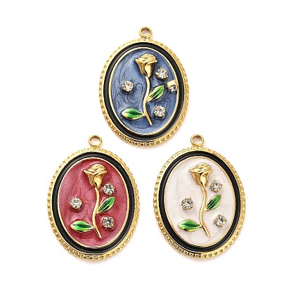 304 нержавеющей стальной эмали подвески, со стразами, овал с цветочными подвесками, ионное покрытие (ip), реальный 18 k позолоченный