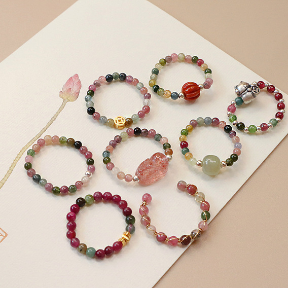 Кольца для пальцев из натурального турмалина, клубничного кварца и нефрита-хотиана