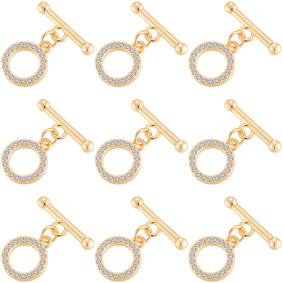 10 комплекты латунных микропаве прозрачных кубических цирконий застежки-тоггл, без никеля , кольцо