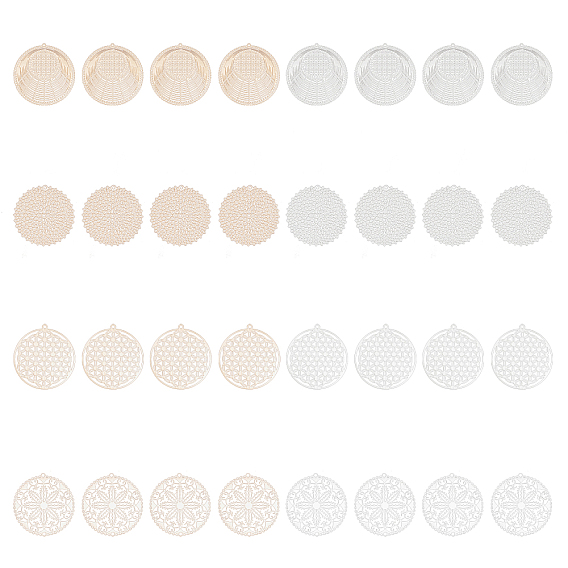 32шт 8 стиль стойка покрытие латунные филигранные подвески, долговечный, плоские круглые с цветком