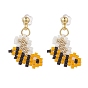 Glass Seed Braided Bees Dangle Stud Earrings, Golden 304 Stainless Steel Wire Wrap Jewelry for Women
