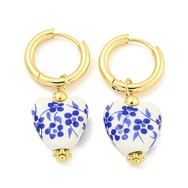 Handmade Porcelain Blue and White Porcelain Heart Hoop Earrings, 304 Stainless Steel Dangle Earrings for Women