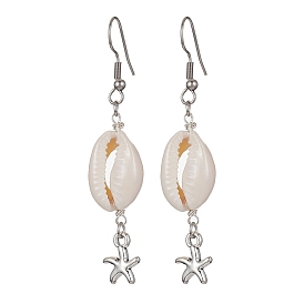 Natural Shell Dangle Earrings, Tibetan Style Alloy Long Drop Earrings with 304 Stainless Steel Pins