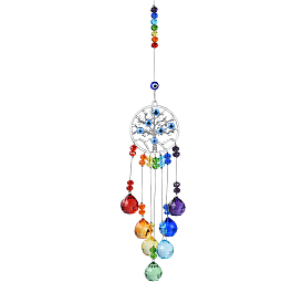 Glass Suncatchers, Wind Chimes, Alloy Pendant Decorations with Resin Evil Eye, Owl/Tree/Flower/Moon