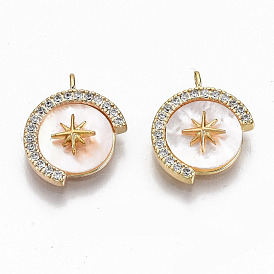 Brass Micro Pave Clear Cubic Zirconia Charms, with Freshwater Shell, Nickel Free, Flat Round with Star