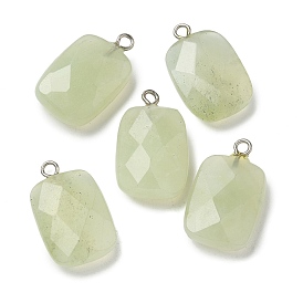 Natural Xiuyan Jade Pendants, Faceted Rectangle Charms with Platinum Tone Brass Loops