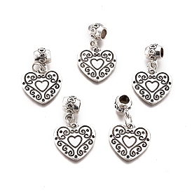 Tibetan Style Alloy European Dangle Charms, Large Hole Pendants, Heart