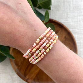 Богемные браслеты из стеклянных жемчужин и латунных бусин, эластичные, для женщин., круглые