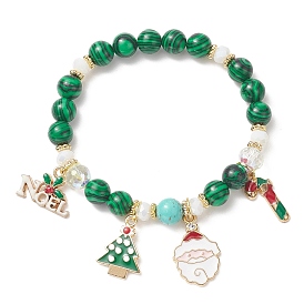 Synthetic Malachite Round Beaded Stretch Bracelet, Tree & Santa Claus & Word Noel Alloy Enamel Charms Christmas Bracelet for Women