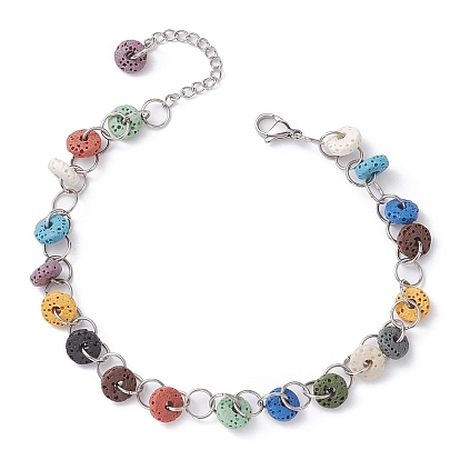 Dyed Natural Lava Rock Disc Beaded Anklets, with 304 Stainless Steel Chains