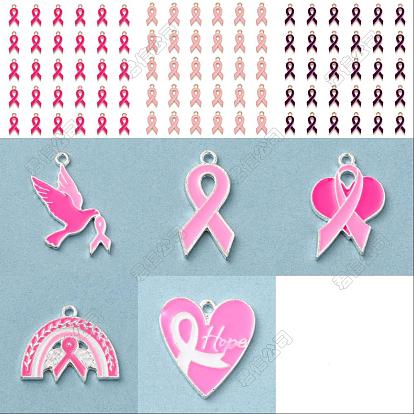 28Pcs 8 Styles Alloy Enamel Pendants, Cadmium Free & Lead Free, Awareness Ribbon Shape