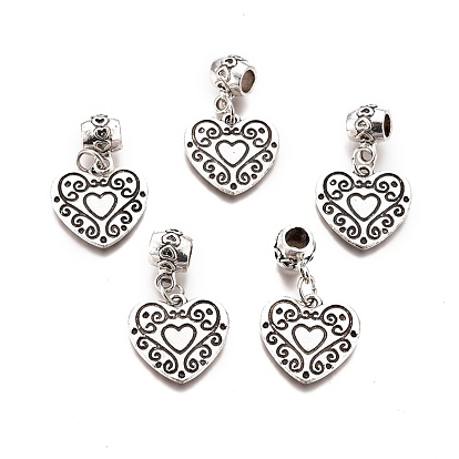 Tibetan Style Alloy European Dangle Charms, Large Hole Pendants, Heart