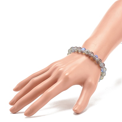Synthetic Moonstone Round Beaded Stretch Bracelet with Rhinestone, Gemstone Jewelry for Women