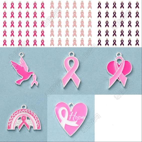 28Pcs 8 Styles Alloy Enamel Pendants, Cadmium Free & Lead Free, Awareness Ribbon Shape