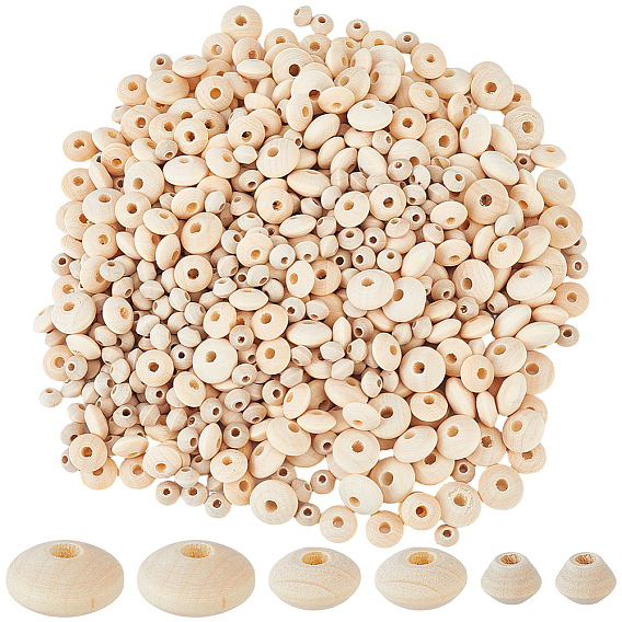 700Pcs 3 Styles Unfinished Wood Rondelle Beads, Large Hole Beads, Undyed