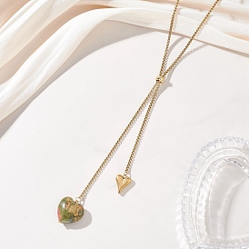 304 Колье-лариата из нержавеющей стали с коробчатой цепочкой, Натуральные подвески в форме сердца из унакита на цепочке