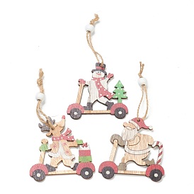Christmas Theme Natural Wood Pendant Decorations, with Hemp Cord & Bead, Reindeer & Santa Claus & Snowman