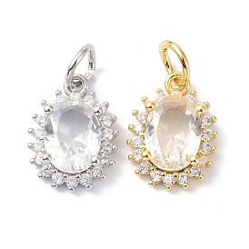 Brass Cubic Zirconia Charms, with Jump Ring, Long-Lasting Plated, Lead Free & Cadmium Free, Oval