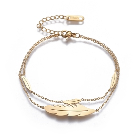304 Stainless Steel Multi-strand Bracelets, with Cable Chains and Lobster Claw Clasps, Feather
