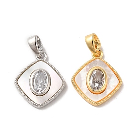 Brass Cubic Zirconia Pendants, with Shell, Rhombus with Oval Pattern