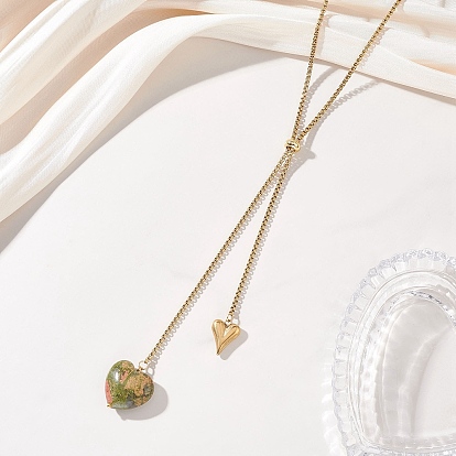 304 Колье-лариата из нержавеющей стали с коробчатой цепочкой, Натуральные подвески в форме сердца из унакита на цепочке