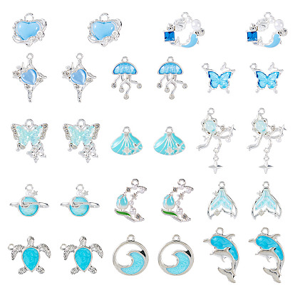 30шт. подвески из сплава со стразами и эмалью, с искусственным жемчугом из АБС и смолой, морские животные амулеты