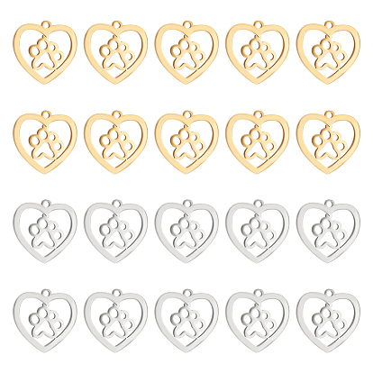 20 шт. 2 цвета 201 подвески из нержавеющей стали, сердце с отпечатками лапы собаки