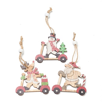 Christmas Theme Natural Wood Pendant Decorations, with Hemp Cord & Bead, Reindeer & Santa Claus & Snowman